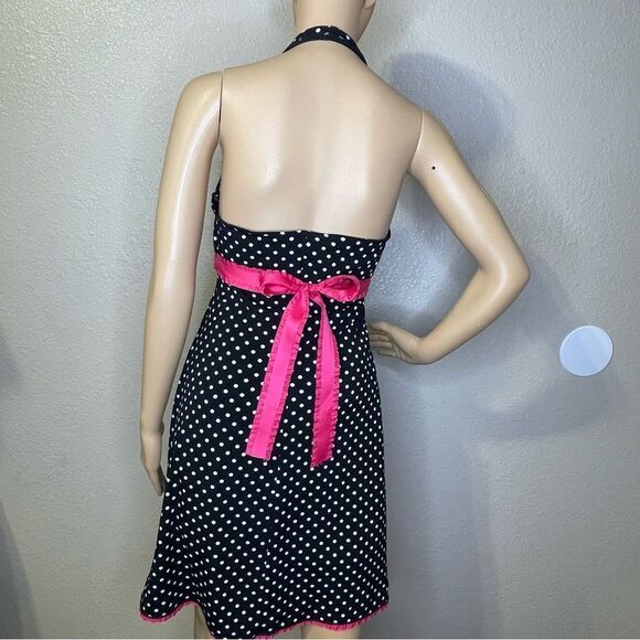 Rampage Halter Polkadot Dress Black and White With Pink Sewn On Sash And Hem Med - Picture 5 of 11